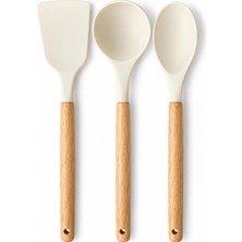 3'lü Silikon Mutfak Gereçleri Seti, Ahşap Saplı Silikon Kaşık Kepçe Spatula Seti, Yemek Pişirme ve Servis Seti, Kırık Beyaz