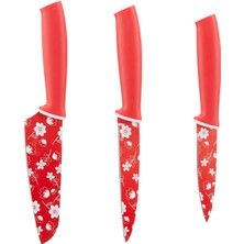 Hawk 1009PSETK Çiçek Desenli Kılıflı Bıçak Seti, 3'lü, Çelik, Kırmızı