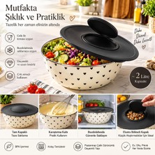 Kalpli Desenli Kapaklı Salata Kasesi, 2 Litre, Krem/siyah
