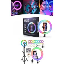 Rgb LED Ring Light, 26 Cm, 10 Inç, Çok Renkli, 2.1m Tripot, Youtube Tiktok Makyöz Çekimi Işığı, Siyah