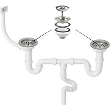 Çöpmak Çiftli Evye Sifonu, Yandan Taşmalı, 11 cm Çap, Derin Tip, Koku Önleyici, Lavabo Gider Seti, Beyaz