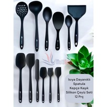 Isıya Dayanıklı 12 Parça Silikon Spatula Kepçe Kaşık Seti, Siyah