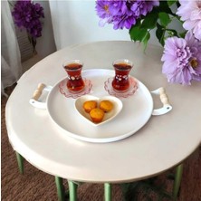 Eceaksesuar Tepsi Ahşap Kulplu Metal Çay Tepsisi Kahve Tepsisi Sunum Kahvaltı Tepsisi 30 cm Beyaz 30 cm