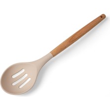 Deconox Bambu Saplı Silikon Delikli Servis Kaşığı, Bambu Uzun Silikon Delikli Servi Kaşığı 27CM 3 Renk Seçenekli (Krem)