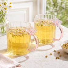 2'li 400 ml Kelebek Detaylı Borosilikat Cam Kupa Seti, Pembe Cam Kulplu Çay Kahve ve Soğuk Içecek Bardağı