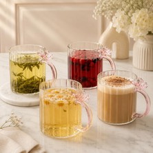 4'lü 400 ml Kelebek Detaylı Borosilikat Cam Kupa Seti, Pembe Cam Kulplu Çay Kahve ve Soğuk Içecek Bardağı