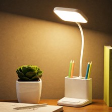 Coverzone Şarjlı Kalemlikli Masa Lambası, Telefon Stant Özellikli, LED Işıklı, 3 Kademeli Ayarlanabilir Parlaklık, Type-C Şarj, Ofis Çalışmaları Için