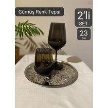 2'li Set Lüx Sunum Tepsisi Paslanmaz Kahve Tepsisi Çelik Tepsi Yuvarlak Çeyizlik Tepsi 23 cm