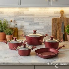 9 Parça Granit Set Çelik Kapak - Kırmızı
