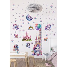 Unicorn Temalı Gökkuşağı Renkli Boy Ölçerli Duvar Sticker Seti - Mat, Sökülebilir, Çocuk Odası Dekoru