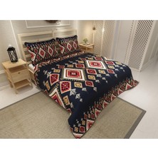 Pike Takımı Pamuklu Çift Kişilik Jakar Dokuma Yatak Örtüsü Ethnic Geometric Lacivert, PIKE4344