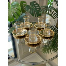 12 Parça 6 Kişilik Gold Metal Çerçeveli Çay Seti – 6 Bardak 6 Metal Tabak – Lüks Sunum