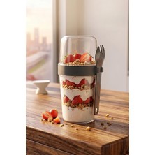5817 Yoğurt Kabı – Kendinden Kaşıklı Pratik Taşınabilir Kaşıklı Atıştırmalık Kabı-Antrasit 400ML+200ML