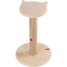 Stepli Kedi Yüzlü Platform Tırmalama Tahtası, Gri Peluş Kaplı, Sisal Ipli, Oyuncaklı (Krem)