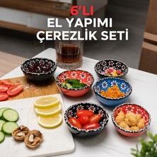 Seramik 6'li Kase Seti El Yapımı Çerezlik, Reçellik, Sosluk & Kahvaltılık Sunum Takımı Elde Boyanmış Renkli Desenli Dekoratif Mini Kaseler Yeni Ev & S