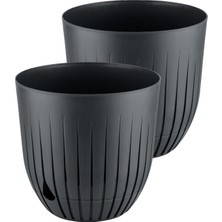 Çizgi Saksı Plastik Delikli Tabaklı Çiçek Saksısı (2 Adet, Antrasit, 5 Litre)