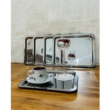 6'li Paslanmaz Çelik 21X21 Kare Çay, Kahve, Pasta Servis Tepsisi Sunum Tepsisi Dekoratif Sunum Tepsisi