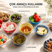 Seramik 6'li Kase Seti El Yapımı Çerezlik, Reçellik, Sosluk &amp; Kahvaltılık Sunum Takımı Elde Boyanmış Renkli Desenli Dekoratif Mini Kaseler Yeni Ev