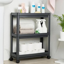 Slim 3 Katlı Tekerlekli Banyo Organizeri - Gri Plastik Raf Düzenleyici