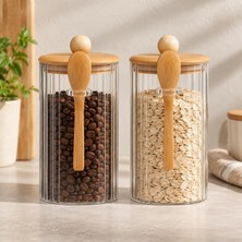 2'li 1350 ml Kaşıklı Cam Kavanoz Seti Bambu Kapaklı Saklama Kabı