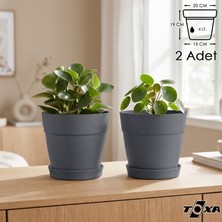 Tabaklı Delikli Plastik Çiçek Saksısı, 20 cm 4 Lt, 2 Adet, Antrasit