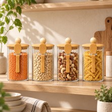 4'lü 1000 ml Kaşıklı Cam Kavanoz Seti Bambu Kapaklı Saklama Kabı