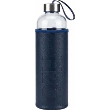 1 L Cam Matara, Mavi Deri Kılıflı, Taşıma Halkalı Vidalı Kapaklı Su Şişesi, Ev, Ofis ve Günlük Kullanım, 27 × 8 × 8 cm