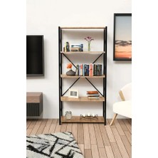 5 Raflı Kitaplık Metal Çerçeveli Modern Raf - Çalışma Odası, Ofis, Salon Kitaplığı ve Evrak Rafı Atlantik Çam