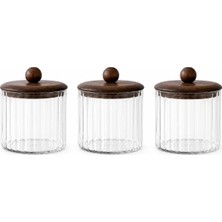 3'lü Set 750 ml Akasya Kapaklı Çizgili Cam Kavanoz Seti Kahve Çay Şeker Kuruyemiş Saklama Kabı