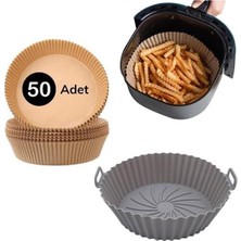 Silikon Airfryer Gri 20 cm ve 50 Adet Tek Kullanımlık Pişirme Kağıdı Yuvarlak Tabak Model