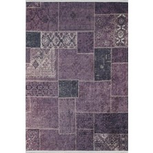 Mor Gri Patchwork Vintage Modern Kaymaz Taban Salon Halısı Dijital Baskı