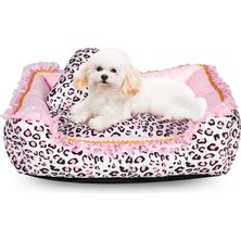 Sevimli Pembe Yavru Köpek Uyku Matı Leopar Desenli Yatak Yuvarlak Kare Şekilli Kedi Köpek Kanepesi Yatak Evcil Hayvan Evi Yuvası Mağarası (M, Kare Yat