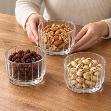 Borosilikat Cam Kase 3'lü Set, Şeffaf Dikey Çizgili Yuvarlak Çerezlik, Kahvaltılık Zeytinlik, Kuruyemiş, Kuru Meyve, Meze ve Tatlı Sunum Kasesi, 3 Ade