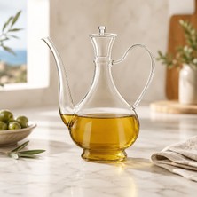 750 ml Ibrik Formlu Cam Yağdanlık, Cam Kapaklı Uzun Ince Akıtma Uçlu Zeytinyağı Sirke ve Sosluk, Ergonomik Kulplu Şeffaf Yağlık