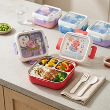Paslanmaz Çelik 3 Bölmeli Kilitli Yemek Kabı 2000 Ml, Çatal Kaşık Dahil Renkli Desenli Lunch Box, Çelik Iç Hazneli Saklama ve Taşıma Kabı