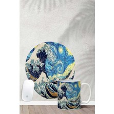 HOBISHOP(8052) Van Gogh Kanagawa Desenli Bilek Destekli Mouse Pad Kupa Seti Renkli