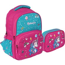 Black Unicorn Desenli Okul Çantası Kız Çocuk Beslenmeli Ilkokul 2'li Set Toz Pembe Tek Ebat