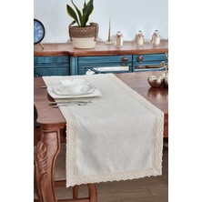Happy Trend Keten Pamuk Dantelli Runner 50X130 cm Linen Kumaş Masa Örtüsü Sehpa Leke Tutmaz Mutfak Bej