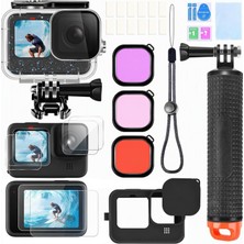 Gopro Hero 12 11 10 9 Için Aksesuar Kiti Su Geçirmez Konut Kılıfı Sualtı Şamandıra Kolu Silikon Kol Lens Kapağı Temperli Cam Ekran Koruyucuları Dalış