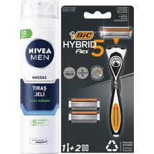 Men Hassas Tıraş Jeli 200 Ml+ Bıc Hybrid 5 Flex Erkek Tıraş Bıçağı 1 Sap ve 2 Yedek Başlık (5 Bıçak)