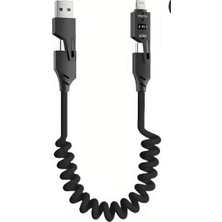 Pda Teknoloji 65W Type-C+Usb A To Type-C+Lighting Akordiyonlu Hızlı Şarj Kablosu 1.5m Siyah (65W Spiral, 4 In 1)