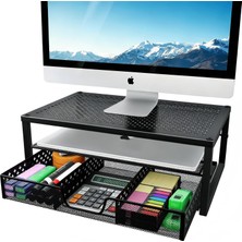 Dizüstü Bilgisayar, Bilgisayar, Imac, Siyah Için Çekmeceli Metal Monitör Standı Yükseltici ve Bilgisayar Masası Düzenleyici