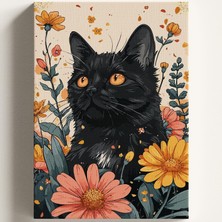 Happy Trend Boyama Tuval Hobi Seti, Fırça ve Boya Dahil Set (Çıtalı) 50X70 Cm, Kendin Yap Sayılarla Tuval Boya Kiti (Kasnaklı) (50X70, Siyah Kedi ve Çiçekler)