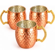 Copper Empire 3'lü 410 ml Dövme Bakır Kupa Seti Dekoratif Pirinç Kulplu