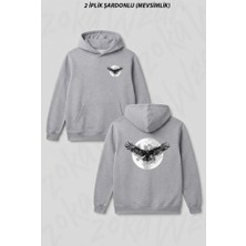 Zoka Wear Karga Ay Siyah Karga Ön Arka Baskılı Kapüşonlu Sweatshirt