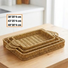 İlkyaz Fashion If Iç Içe Geçebilen 3’lü Dikdörtgen Plastik Rattan Tepsi Seti–hasır Görünümlü Çok Amaçlı Servis ve Sunum Tepsileri
