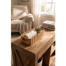 Evyeri Hasır Rattan Organizer Sepet Kulplu Dekoratif Düzenleyici Sepet 31 x 13 x 8 cm Çok Amaçlı Mutfak Banyo Raf Dolap Organizeri Doğal Hasır Sepet