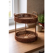 Evyeri Hasır Rattan 2 Katlı Organizer ve Sunumluk Sepeti – Dekoratif Yuvarlak Hasır Meyvelik, Kahvaltılık, Mutfak Düzenleyici, Banyo Organizer, Tezgah Üstü Düzenleyici – 24 x 29 cm