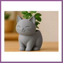 Bezos 3D Baskı Sevimli Kedi Saksı - Figürlü Sukulent Saksısı-Gri Rengaren