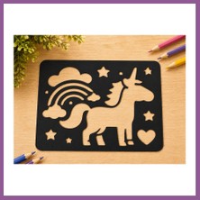 Bezos 3D Baskı Unicorn ve Gökkuşağı Çizim Şablonu - Desen Kalıbı - Siyah Rengaren